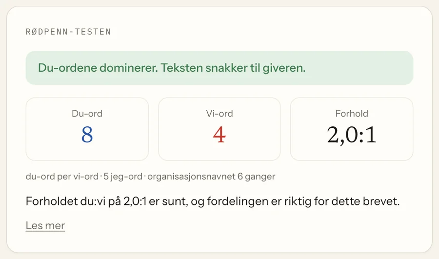 Kortet «Rødpenn-testen» med 8 du-ord, 4 vi-ord og forholdet 2,0 til 1.